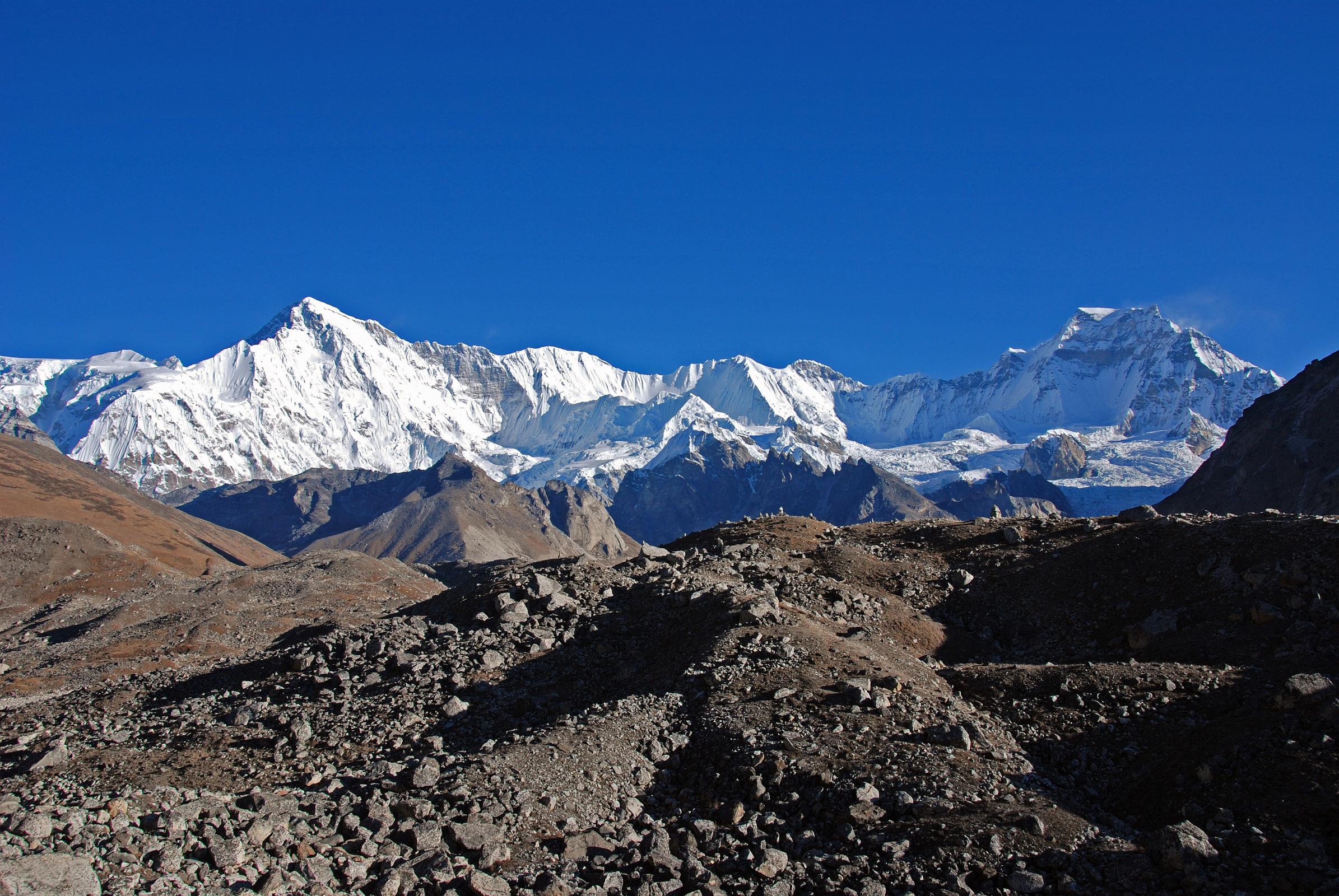 05 Gokyo 5 Scoundrels View 3 Cho Oyu Ridge To Gyachung Kang From Fourth Lake Cho Oyu (8201m) and Gyachung Kang (7952m) glistened white from Knobby View beyond Gokyo